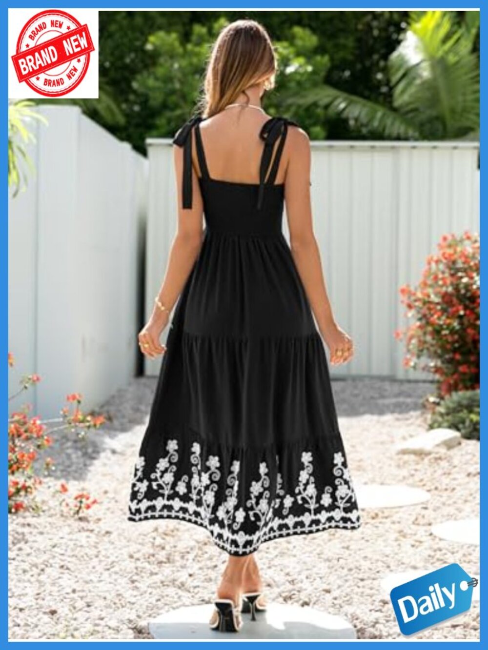 Smocked Spaghetti Strap Embroidery Maxi Dress with Pockets - Picture 2 of 6